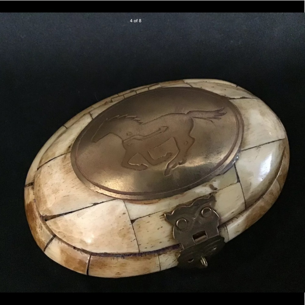 Vintage Bone & Brass Horse engraved Hinged Box
